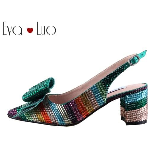 CHS1151 Custom Made Multiple color Crystal bowtie Pointed toe Shoes Slingbacks Block Heel Women Bridal wedding Shoes