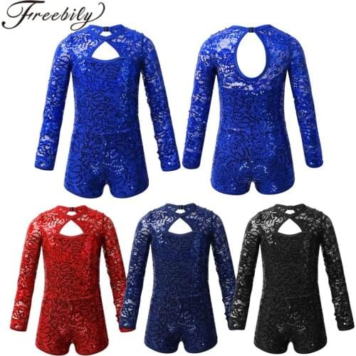 Kids Girls Sequins Gymnastics Leotard Jumpsuit Long Sleeves Keyhole Back Teens Ballet Leotards Dance Gymnastic Leotard Biketard