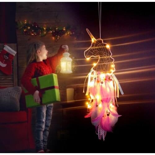 Unicorn Dreamcather with LED Light Handmade Flower Colorful Feather Catchers Wall Hanging Decoration for Girls Kids Bedroom home