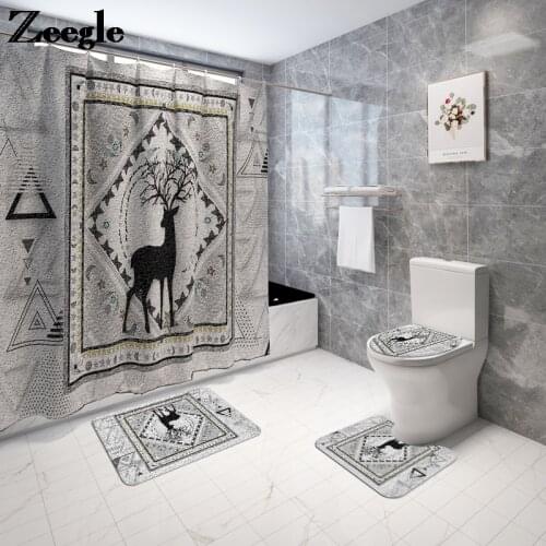 Geometric Europe Style Bath Mat With Waterproof Shower Curtain Bathroom Carpet for Toilet Home Decor Bathroom Toilet Shower Room