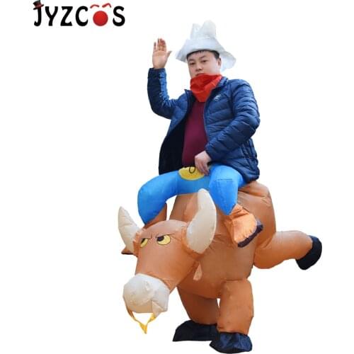 JYZCOS Inflatable Cow Costume Ride on Bull Cowboy Cosplay Costume Purim Halloween Costumes for Women Men Kid Party Fancy Dress