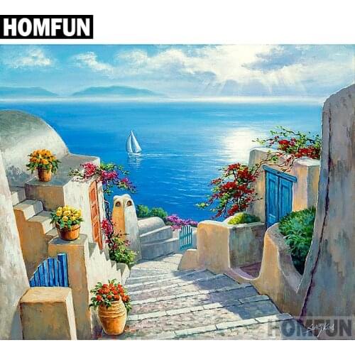 HOMFUN Paint With Diamond Embroidery "Seaside town" Diamond Painting Full Square Round Picture Of Rhinestone Decor A06739