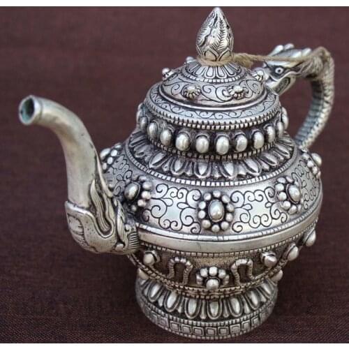 Chinese white copper Silvering carving Dragon Handle Beast Wine Tea Pot Flagon