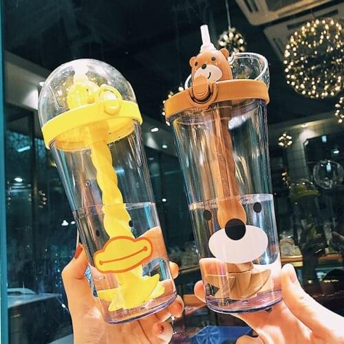 Hot selling cute animal creative plastic mugs with Straws drinking cup portable large capacity student adult children mixing cup