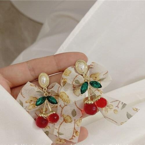 Minar Romantic Red Cherry Drop Earrings for Women Korean Vintage Painted Cloth Bowknot Rhinestone Pearl Dangle Earrings Brincos