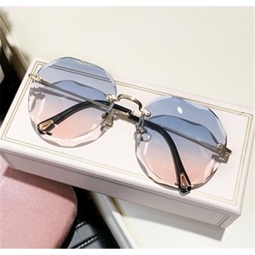 Fashion Rimless Gradient Sunglasses Women Luxury Cat Eye Sun Glasses Ocean Color Diamond Cutting Lens Sunglass Lady