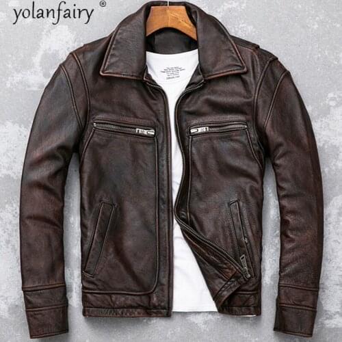 Fashion Leather Jacket Men Vintage Casaul Spring Motorcycle Genuine Leather Jackets Brown Mens Clothing Cow Leather Veste Homme