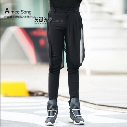 Men Stitching Casual Pants Hairstylist Black Harem Pants New Net Yarn New Fashion Slim Tide Skirts Singer Stage Costumes Korean