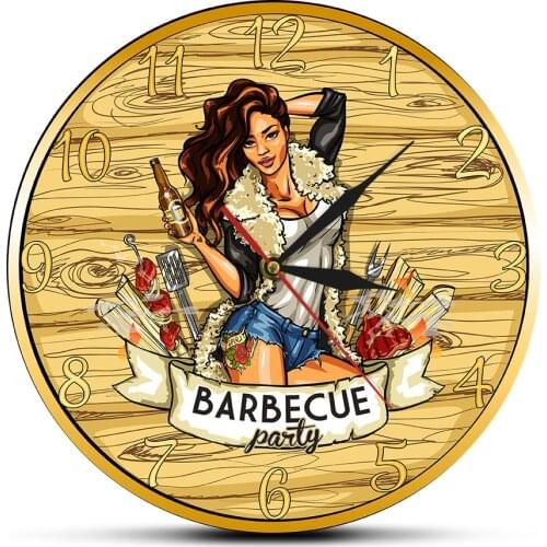 Barbecue Party Wall Sign Modern Wall Clock Cow Girl Holding Beer Grill BBQ Grill Home Bar Silent Wall Clock Grill Master Gift