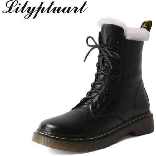 New Genuine leather snow boots women warm wool winter boots female shoes lace up fashion thick fur ankle boots women