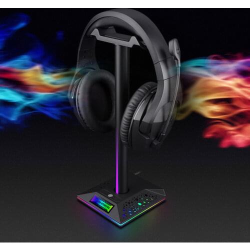 RGB Headphone Stand Gaming Headset Desk Bracket Headphone Holder w/3.5mm AUX 2 USB Charger Port for Gamer Earphone Display Shelf