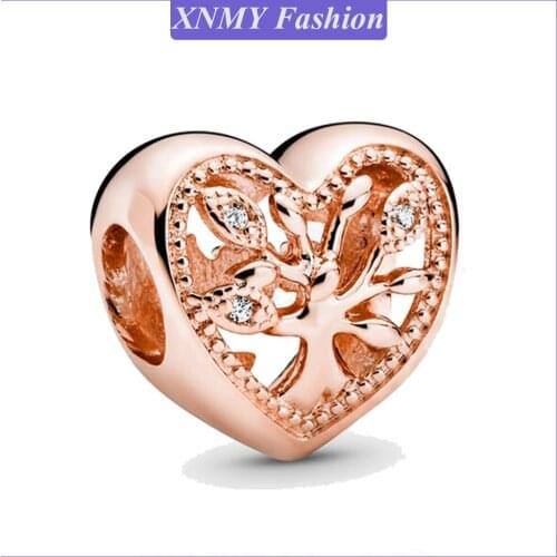 XNMY New European Rose Gold Color Openwork Family Tree Heart Charm Bead Fit Original Pandora Bracelets Women DIY Jewelry