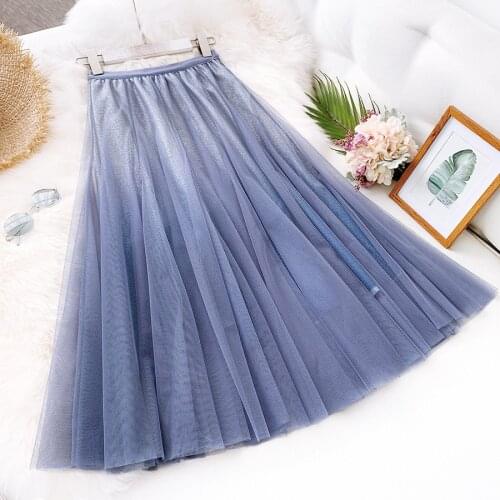 HLBCBG Maxi Tulle Skirt Women For 2020 Spring Summer Korean Ladies Blue Black Gradient High Waist Long Pleated Skirt Female
