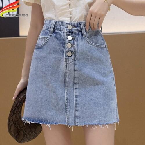 High Waist A Line Denim Skirt Women Summer 2020 New Arrivals 4 Buttons Pockets Tassel Streetwear Lady Mini Jean Skirts Womens