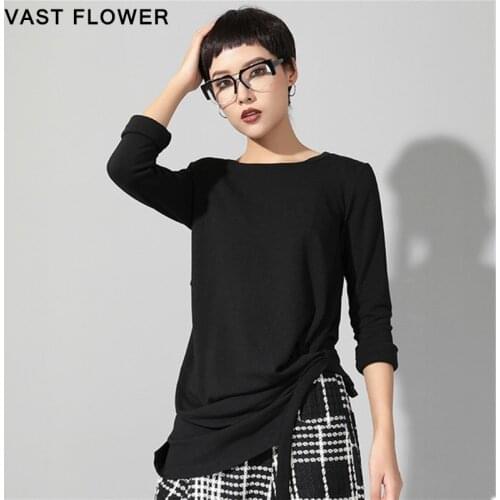 2021 Spring Aummer Black Irregular T-shirt Women Round Neck Long Sleeve Personality Loose Casual Tshirt Tops Fashion Clothes
