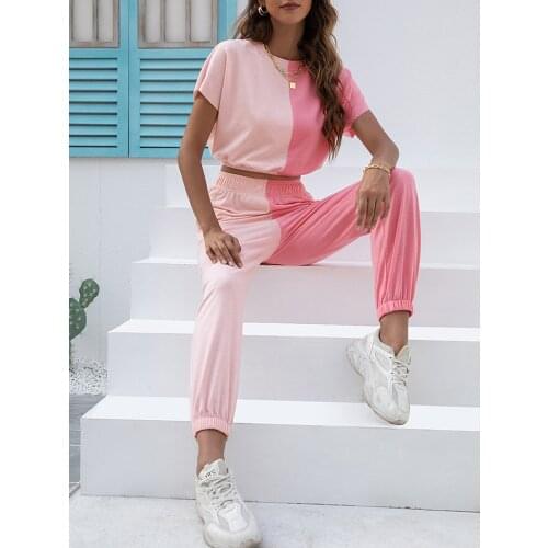 Summer womens Short Sleeved Trousers Leisure Style Cotton 2021 Fashion Comfortable Double Contrast Color Pullover Sports Suit