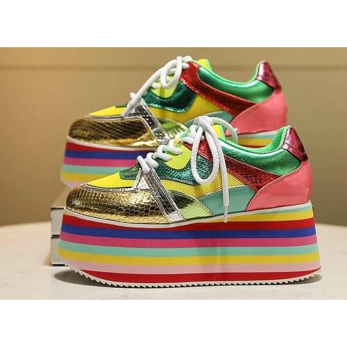 Womens Round Toe Rainbow Colors Platform Sneakers Mesh Lace Up Chunky Designer Shoes Korean Styles New 2021