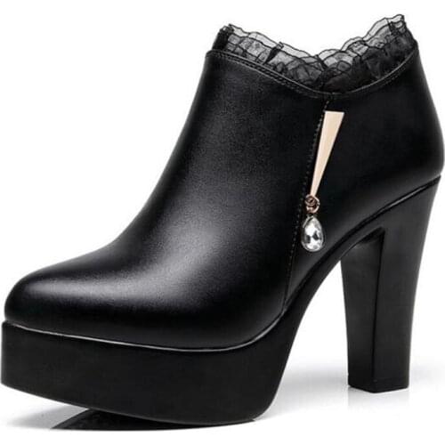 2020 lace Rhinestone black shoes women high heel shoes shoes size 32-43 plus velvet genuine leather shoes high heels 8 / 11 cm