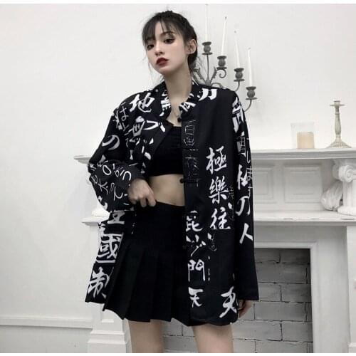 Lady Loose Vintage Long Sleeve Single Breasted Streetwear Top Harajuku Women Cool Chinese Character Printed Shirt 2021 Spring