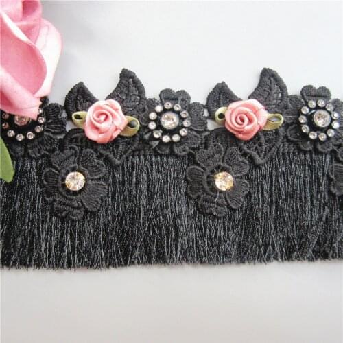 100cm Black Diamond Tassel Fringe Lace Trim Ribbon Fabric Embroidered Applique Sewing Craft Dress Clothes Garment Decoration
