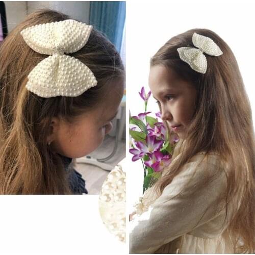 2pcs/lot Boutique Girls Hair Clips Pearl Hair Bow With Alligator Hair Clip Rhinestone Beads Hairgrip Kids Hair Accessories A90