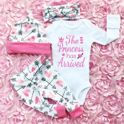 2019 Newborn Baby Girl Outfits Autumn Clothes Sets 4Pcs Letter Long Sleeve Bodysuit+Print Pants+Headwear+Hat Baby Girl Set 0-24M