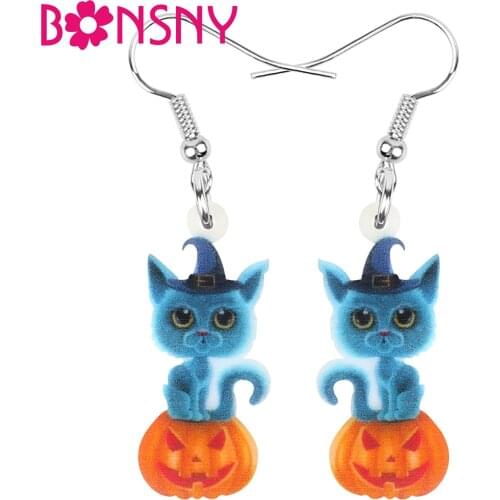 Bonsny Acrylic Halloween Pumpkin Lantern Cat Earrings Cute Kitten Animal Dangle Drop Jewelry For Women Kid Fashion Festival Gift