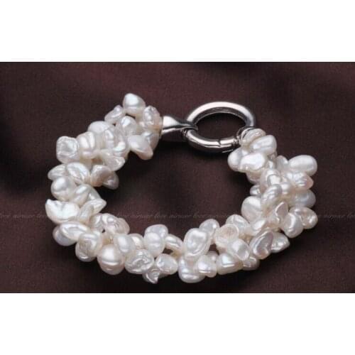 Wedding Woman 9-11mm Natural White Freshwater Pearl Bracelet 3 Rows Baroque Pearl highlight Handmade Woman Jewelry
