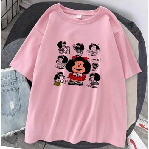 Kawaii Mafalda Letter Print T-shirt Women Summer Harajuku Graphic Tops Tee Short Sleeve Manga Cartoon Tshirt Femme Oversized