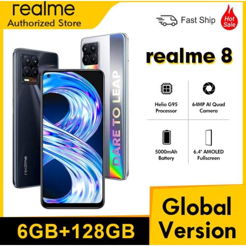 Global Version realme 8 6.4"FHD+ AMOLED Display 6GB 128GB 64MP Quad Camera Helio G95 5000mAh Battery 30W Charge NFC Mobile Phone