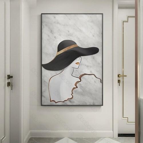 Nordic Style Canvas Posters Ink Paintings The Back of Two Pretty Women with Long Veil Dress and Big Hat for Home Rooms Decoratio