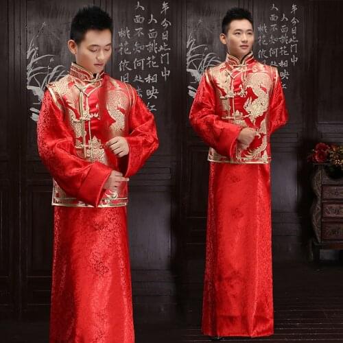 Chinese Traditional Bridegroom Wedding Dress Vintage Men Red Handmade Button Qipao Male Marriage Suit Tang Suit Clothing XS-XL