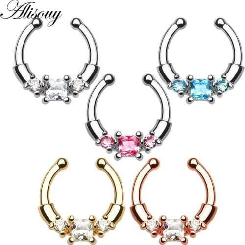 Alisouy 1PCS Crystal fake nose ring color plated round septum Piercing clicker faux clip on Body Hoop For Women nose jewelry