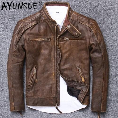 AYUNSUE Genuine Leather Jacket Men Real Cow Leather Coat Vintage Motorcycle Jacket Man Short Brown Cowhide Coats U15617-3 J3209