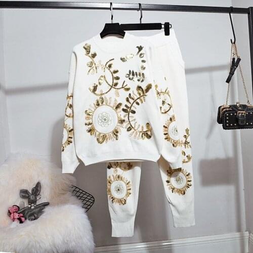 Autumn Winter 2 pieces suits women Embroidery knitted sets sweater+ Trousers pants set Women two piece set tracksuits