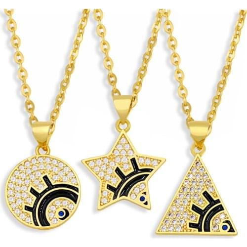 FLOLA Gold Plated Round Evil Eye Necklace For Women CZ Cubic Zirconia Triangle Star Necklace Pendant Wholesale Jewelry nkev40