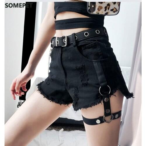 Summer Hot Denim Shorts for Women Sexy Rivet Ring Harness Band Casual Jeans Shorts High Waist Worn-out Hole Black Shorts Lady