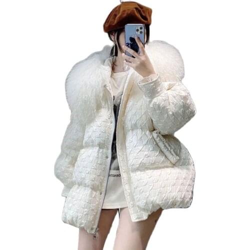 2021 New Winter Womens 90% White Duck Down Jacket Big Fur Collar Women Loose Plus Size Thick Warm Black Coat Long Hooded Parkas