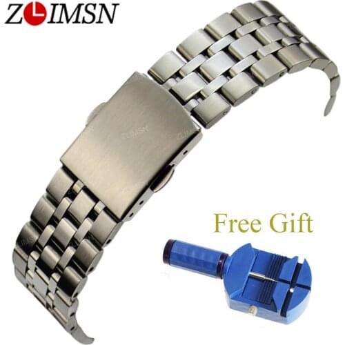 ZLIMSN 316L Stainless Steel Watch Band Strap 16 18 19 20mm Silver Black Solid Links Double Push Button Deployant Clasp Bracelets