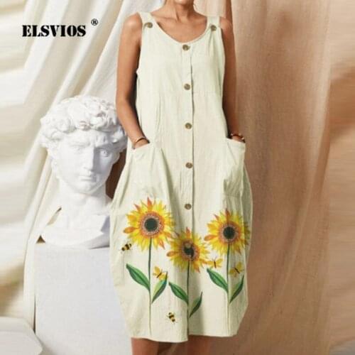 Floral Printing Button V-Neck Sleeveless Dress Summer Pocket Midi Vestidos Elegant Female Loose Casual Beach Sundress Robe Women