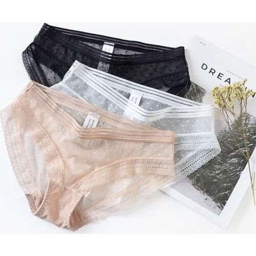 Low-waist Mesh Lace Wrap Hip Briefs Polka-Dot Sexy See-Through Pure Cotton Bottoms Breathable Ladies Underwear