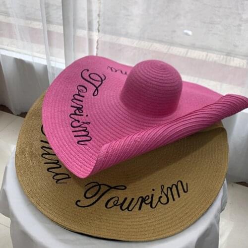 70CM Embroidered Letters Sun Hat Female Summer Holiday Big Eaves Beach Hat For Women Foldable Sunscreen Dome Photography Caps