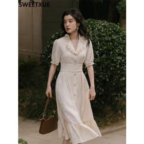 SWEETXUE French Vintage Simple Embossed Chain Link Flower V-neck High Waist Puff Sleeve Ruffled Women Temperament Elegant Dress
