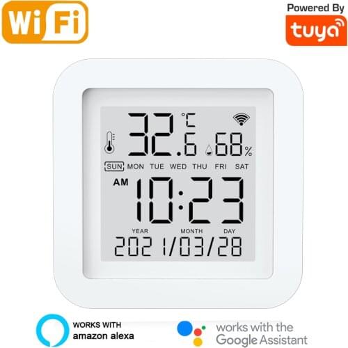 Tuya Temperature Humidity Sensor Smart WIFI Digital Thermometer Hygrometer Time Date LCD Screen Detector Smart Home Desk Clock