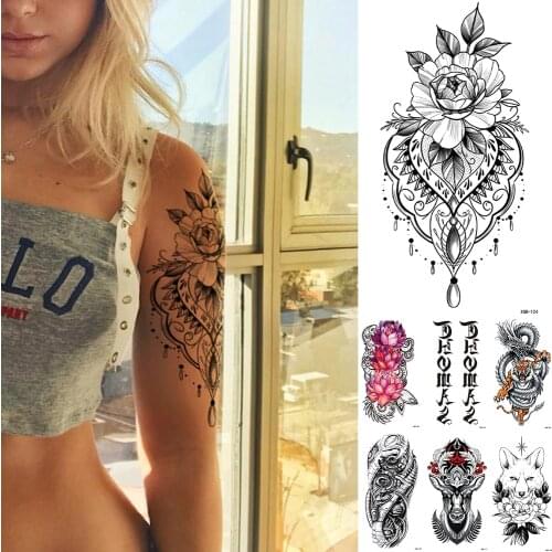 Waterproof Temporary Tattoo Sticker Lace Rose Flowers Lotus Flash Tattoos Wolf Fox Body Art Arm Fake Sleeve Tatoo Women