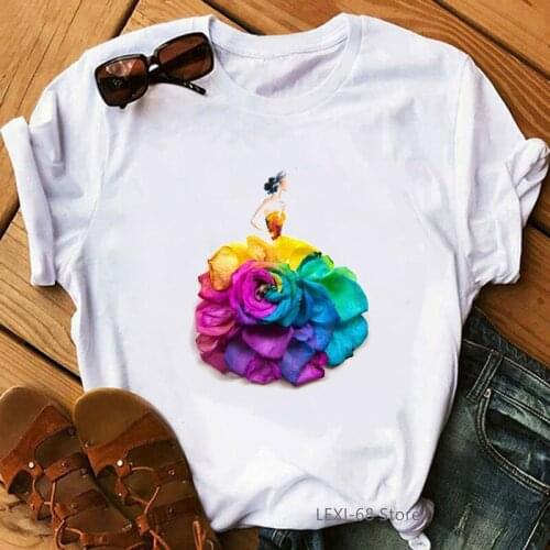 T shirt women clothes rainbow flowers dress princess print female t-shirt summer tops tee shirt femme drop shipping tops