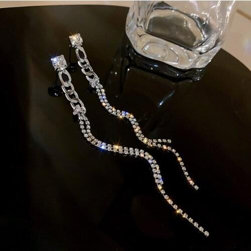 Korean Fashion Shining Rhinestone Long Tassel Dangle Earrings for Women Girls Metal Chain Earrings Party Jewelry 2021 New