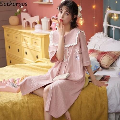 Women Nightgowns Cartoon Zip-up Button Kawaii Students Korean Style Summer New Print Daily Soft Design Homewear Breathable Chic