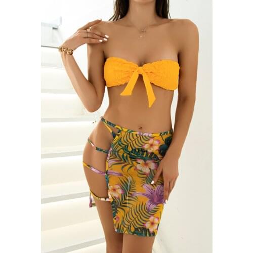 Women Bikini 3 Pieces Sets Bow Bandeau Swimsuits Hollow out Boho Print Skirts swimwear push up bikini set bakini high waist