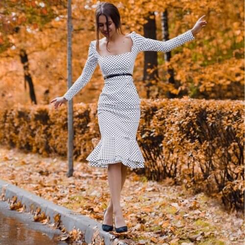 Sisjuly Black White Polka Dots Long Sleeve Maxi Women Fall Retro Dresses Slim Party Vestidos Bodycon Mermaid Dress (No Belt)